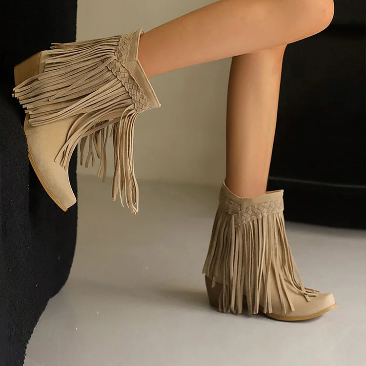 Pointed Toe Braided Fringed Trim Solid Color Chunky Heel Mid Boots