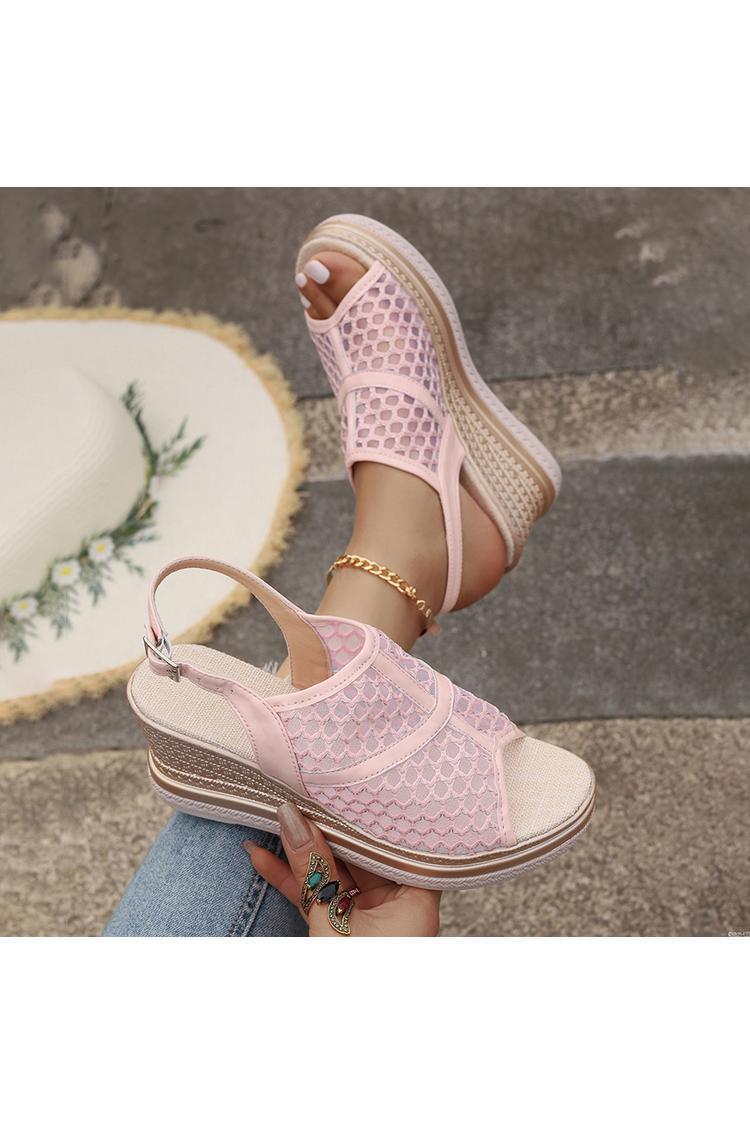 Zeppe casual in rete con cinturino alla caviglia con fibbia e punta aperta patchwork