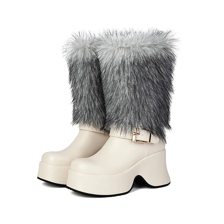 Strap Buckle Decor Faux Fur Round Toe Chunky Heel Platform Mid Boots