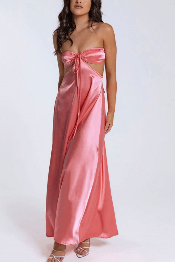 Off Shoulder Back Tie-up Light Weight Satin Maxi Dress