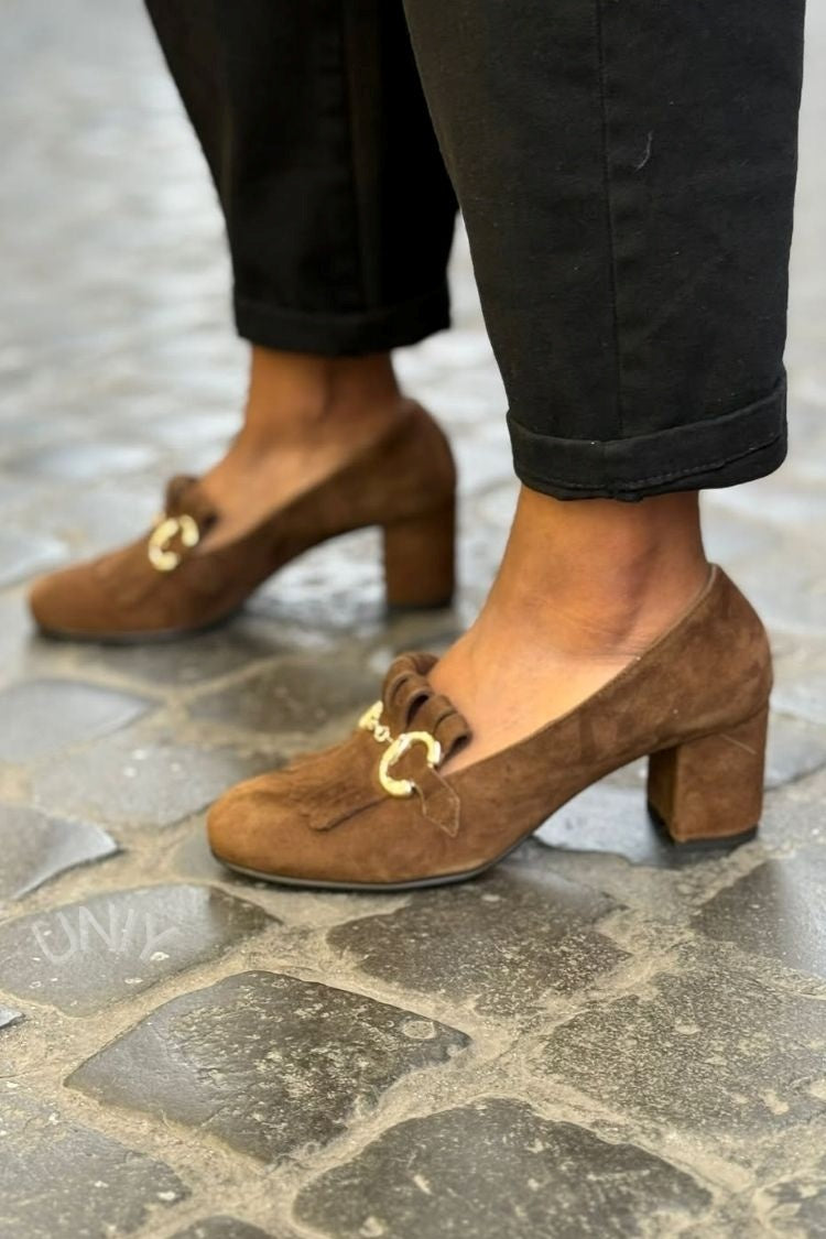 Solid Color Faux Suede Horsebit Fringe Versatile Block Heels [Pre Order]