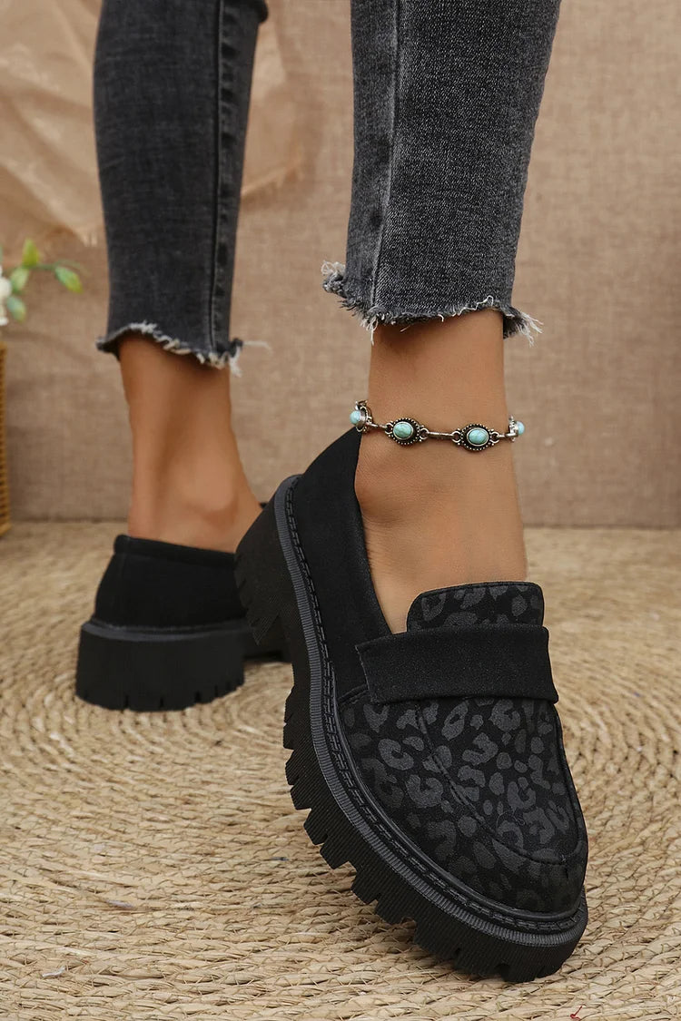 Patchwork Round Toe Leopard Print Low Block Heel Loafers