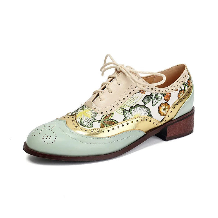 Floral Print Colorblock Patchwork Rundspitze Schnür-Brogue Oxfords