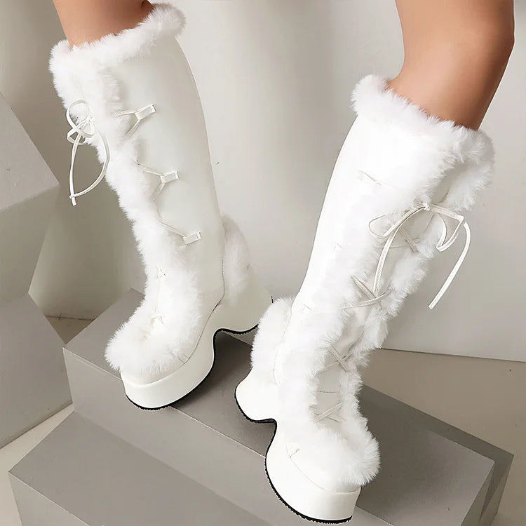 Fluffy Trim Lace Up Round Toe Chunky Heel Platform Snow Boots