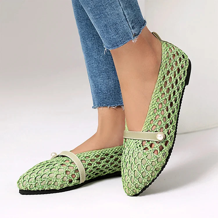 Patchwork Hollow Out Fishnet Instep Strap Pointed Toe Flats