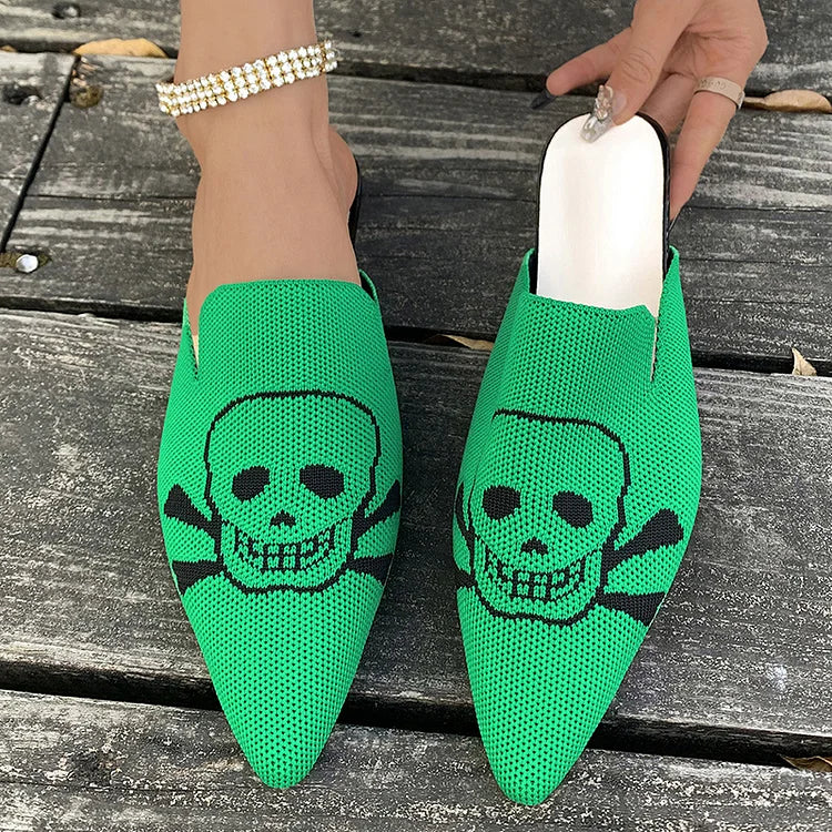 Casual Skull Print Pointy Toe Breathable Knit Mules