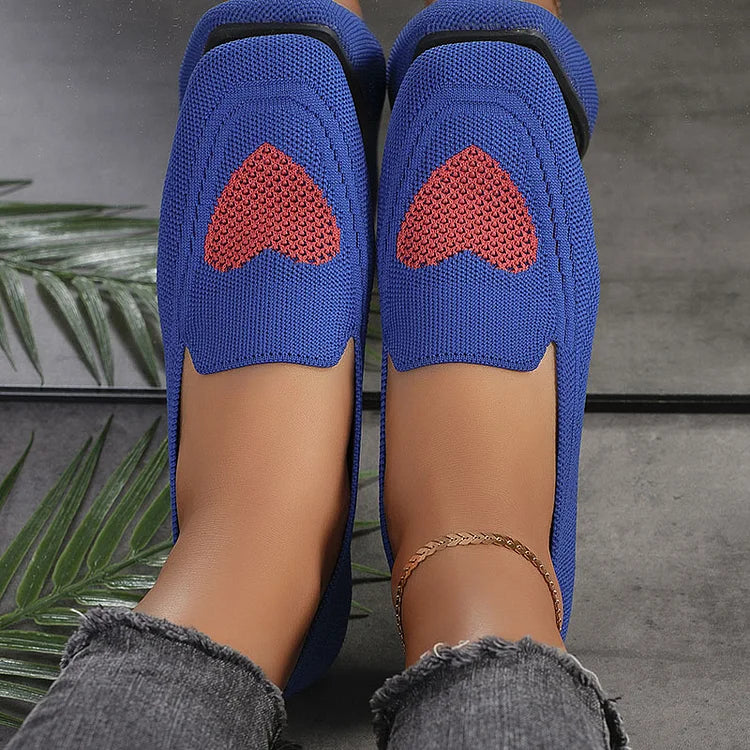 Heart Pattern Print Square Toe Slip On Knit Casual Flats