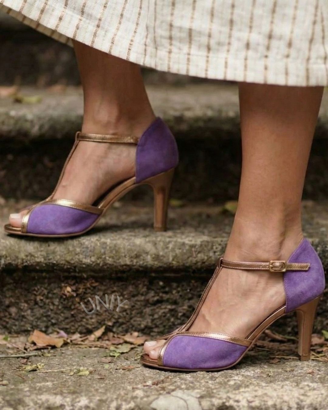 Purple Metallic T-Bar Strap Peep Toe Stiletto Heel Sandals
