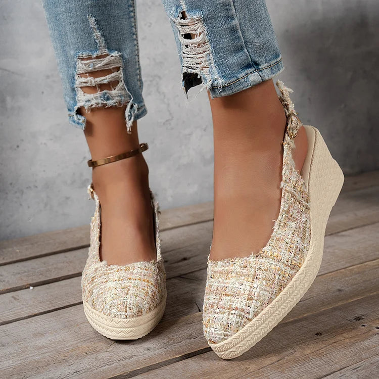 Raw Trim Pointed Toe Slingback Strap Buckle Wedge Sandals