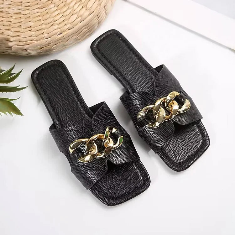 Metal Chain Decor Snake Print Cutout Square Toe Slippers