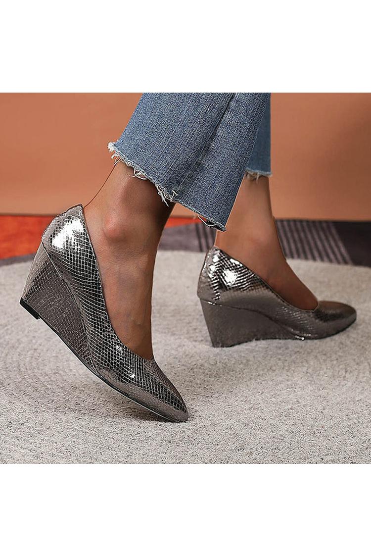 Scarpe con tacco a zeppa casual a punta con stampa serpente in tinta unita