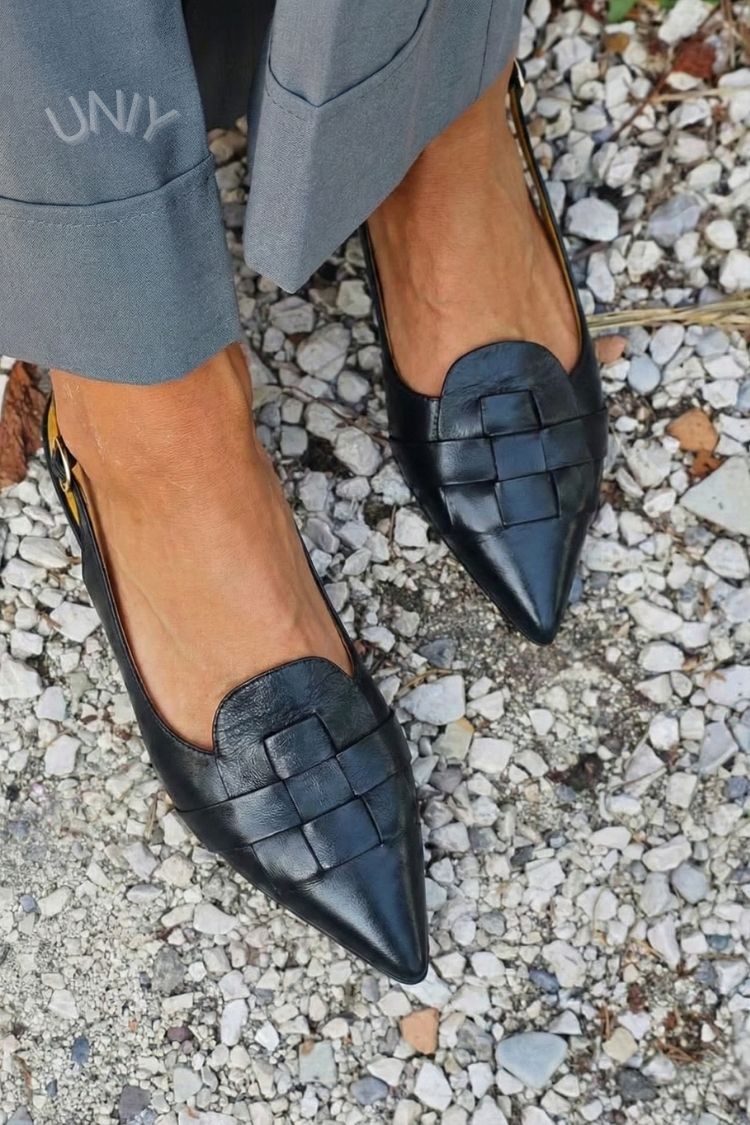 Elegant sort læder vævet spids tå slingback flade sko [Forudbestil]