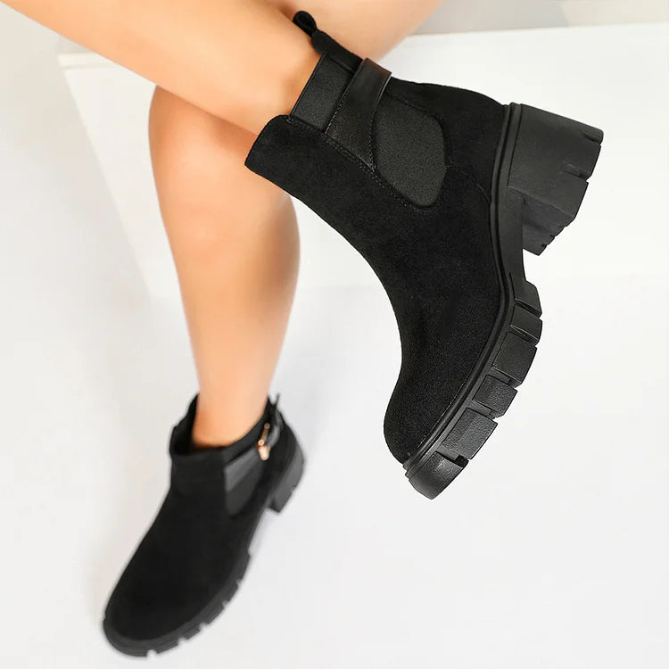 Patchwork Strap Buckle Round Toe Chunky Heel Ankle Boots