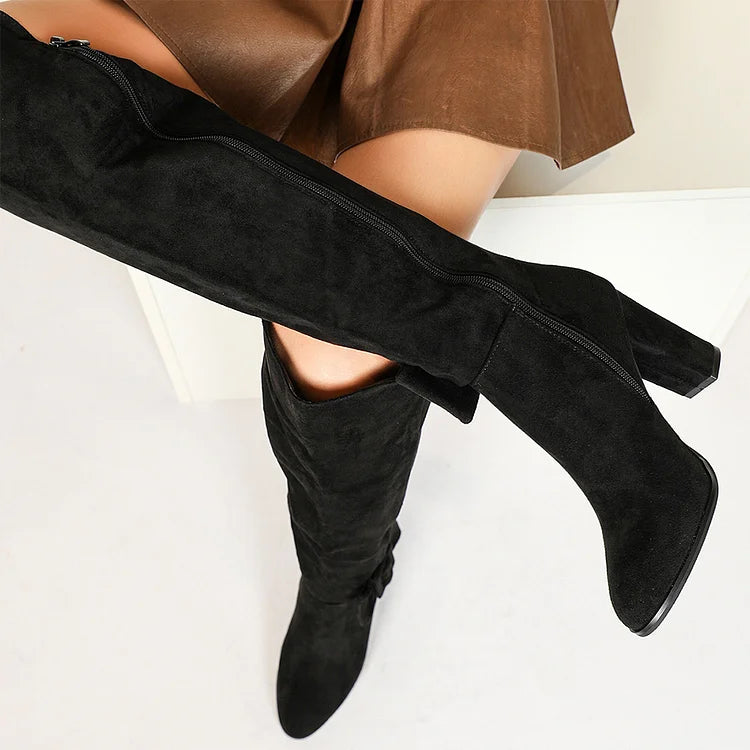 Irregular Edge Buckle Solid Color Pointed Toe Chunky Heel Knee High Boots