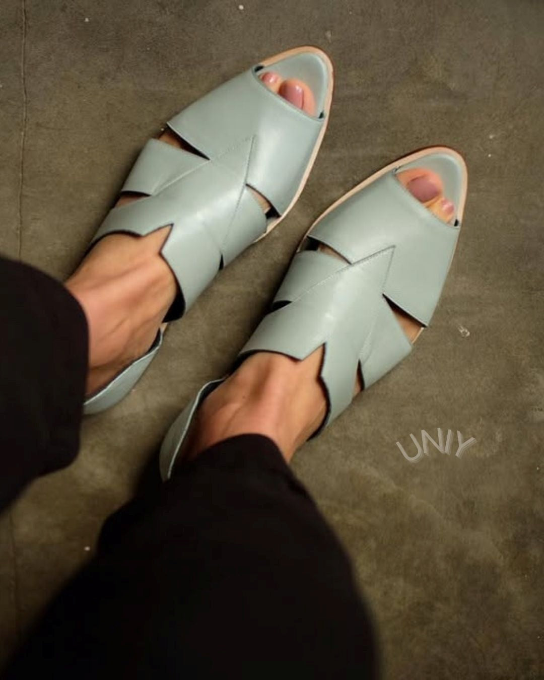 Green Leather Peep Toe Cutout Slingback Flat Summer Sandals [Pre Order]