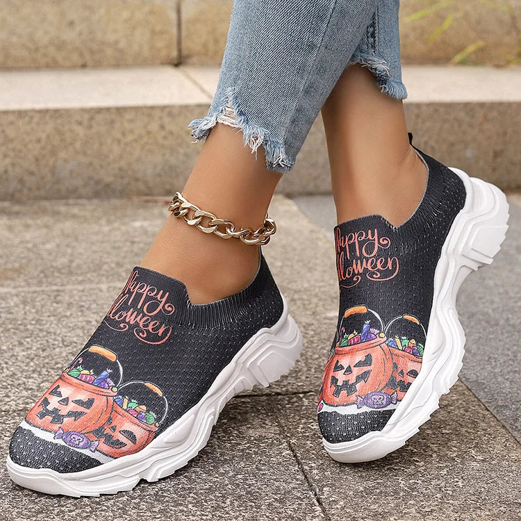 Happy Halloween Floral Skulls Ghost Pumpkin Spider Web Print Slip On Sneakers