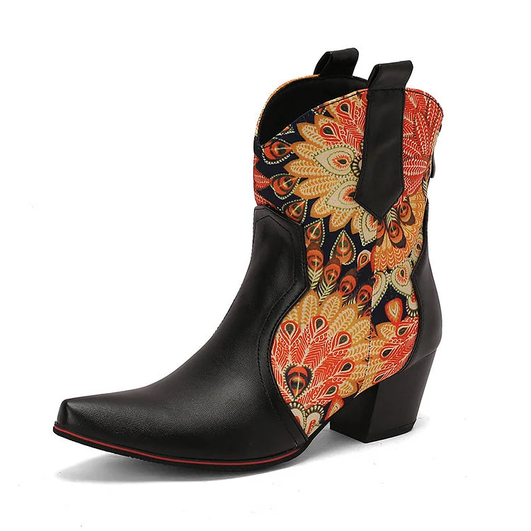 Patchwork-Stiefeletten mit Blumendruck und klobigem Absatz und spitzer Zehenpartie