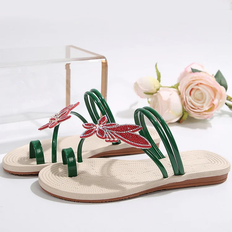 Pierścionek na palec z dekoracją z kryształków w kształcie kwiatu, casualowe sandały plażowe