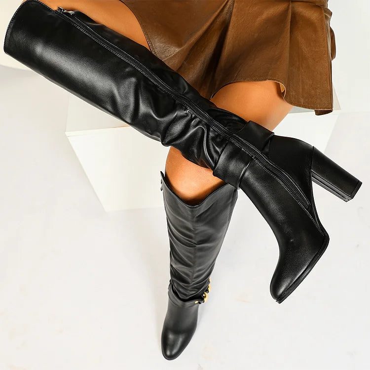 Irregular Metal Decor Pointed Toe Chunky Heel Zipper Knee High Boots