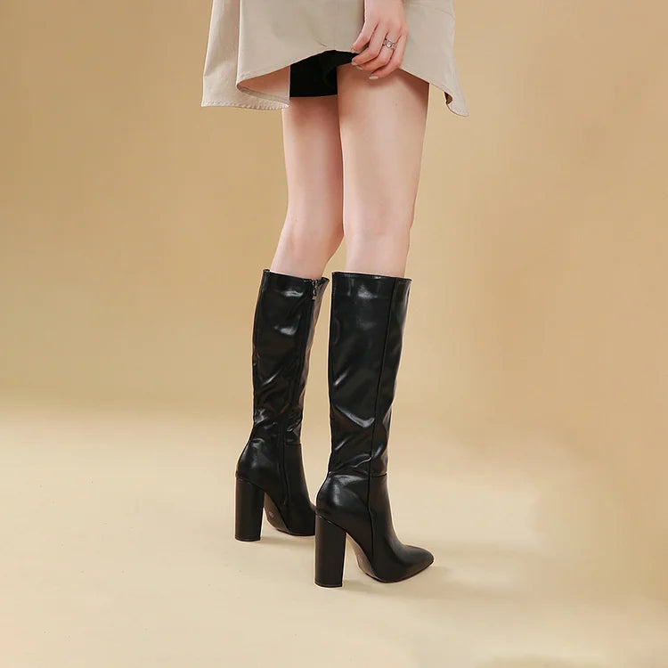 Patchwork Chunky Heel Solid Color Zipper Pointed Toe Knee High Boots