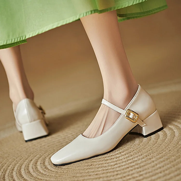 Instep Strap Buckle Metallic Sheen Square Toe Chunky Heels