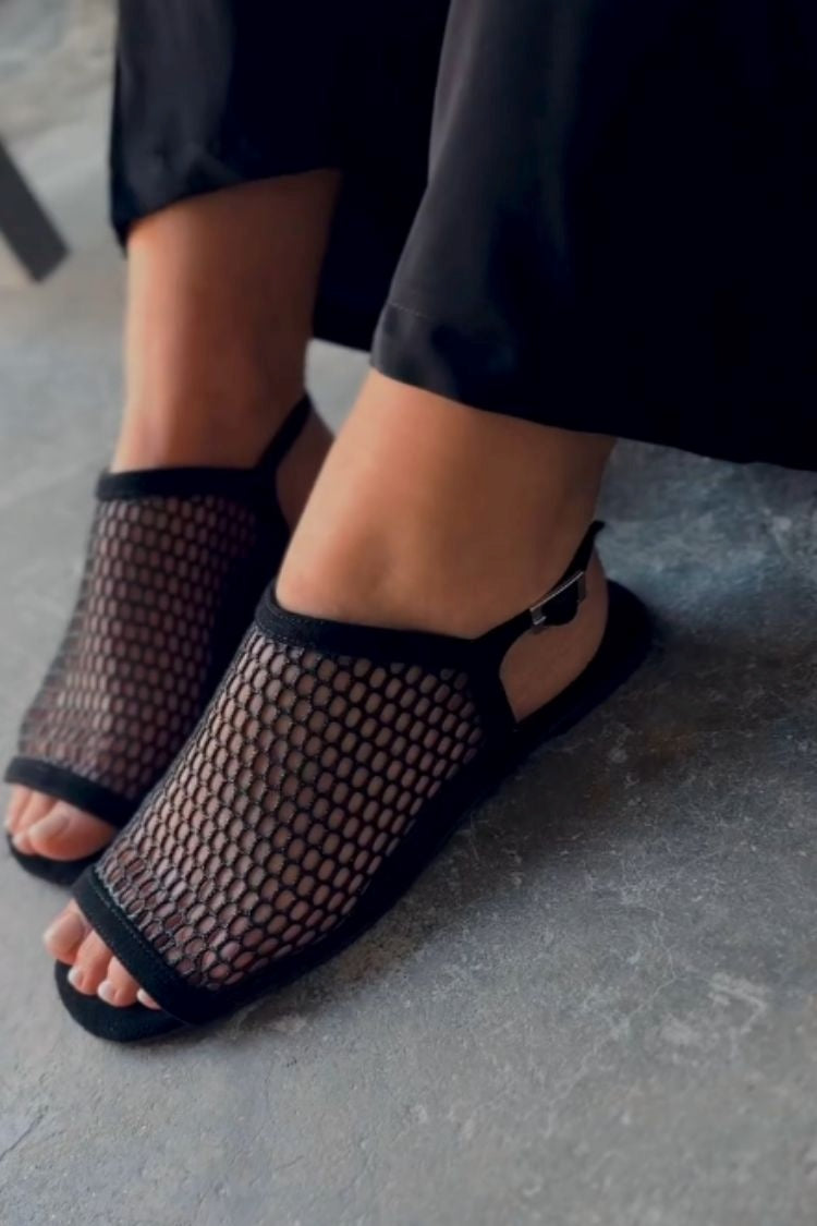 Black Round Toe Mesh Hollow Open Toe Flat Sandals [Pre Order]