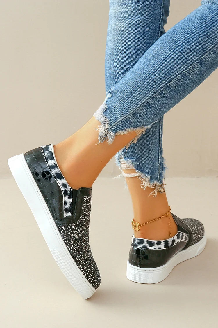 Błyszczące mokasyny z okrągłym noskiem, wzór w cętki lamparta, patchworkowe, codzienne