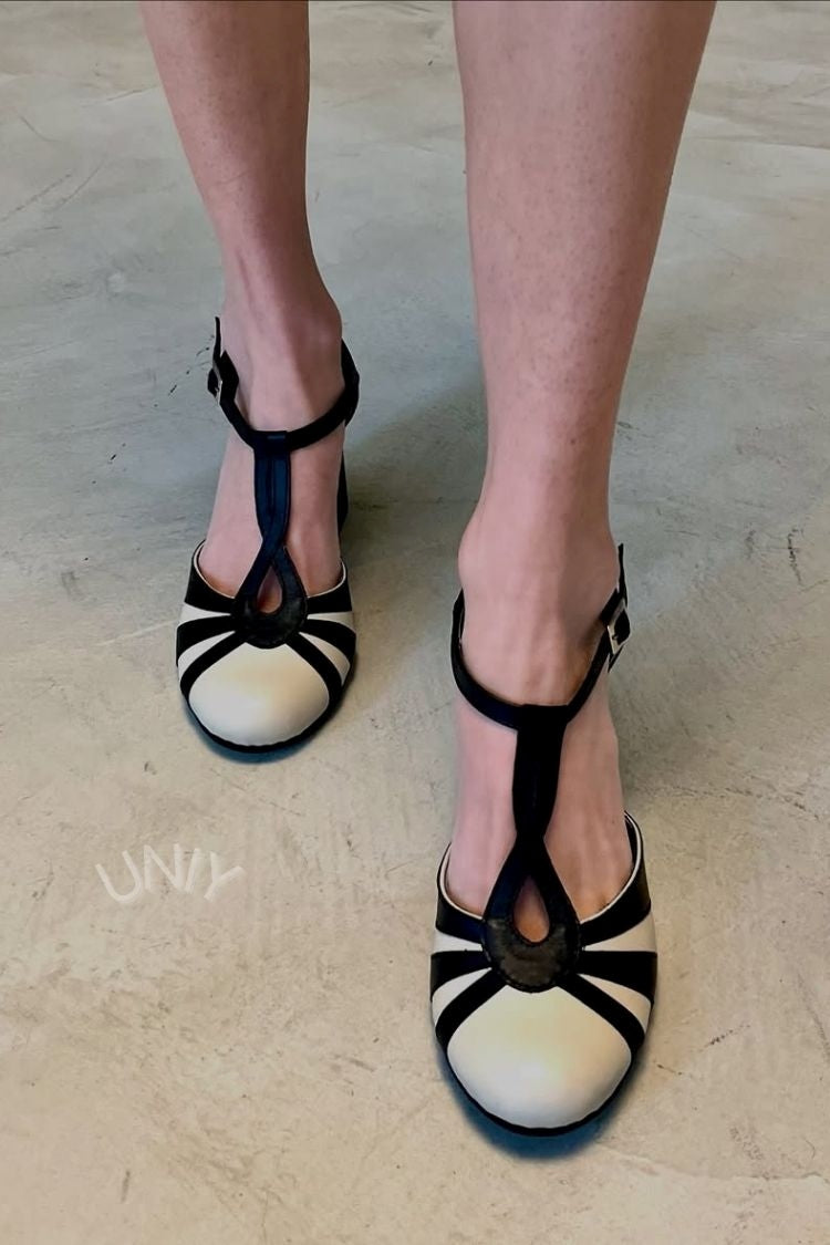 Retro Colorblock T-Bar Ankle Strap Block High Heels [Pre Order]