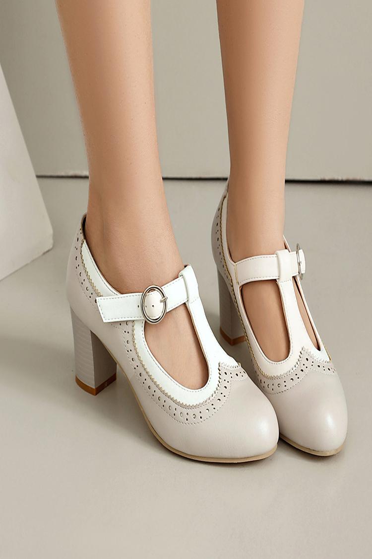 Colorblock T-Strap Buckle Round Toe Elegant Chunky Heels