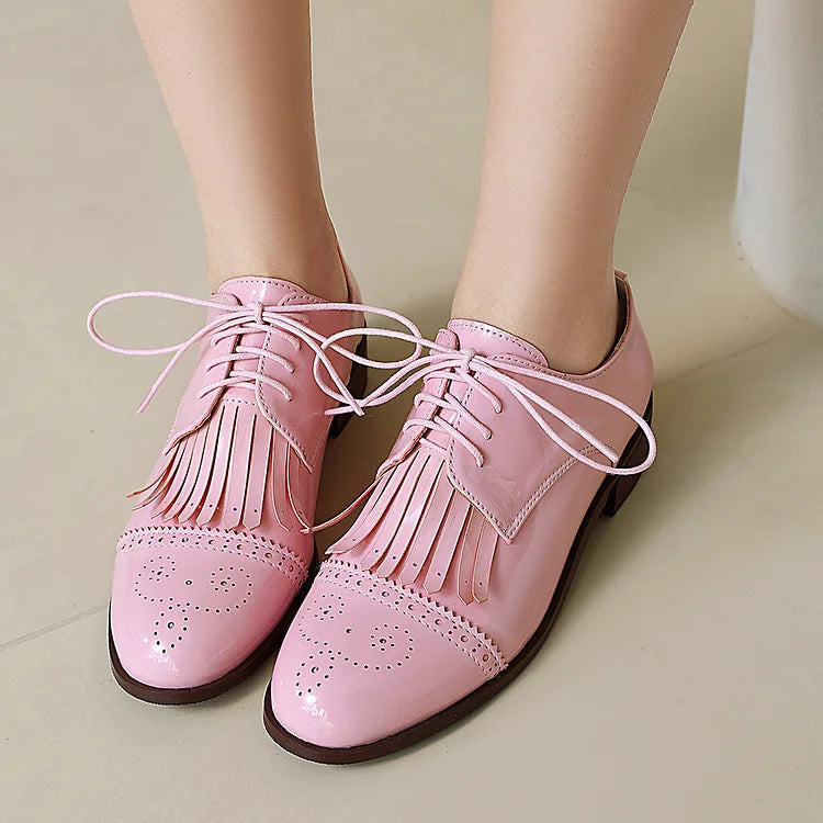 Oxfords z okrągłym noskiem, sznurowane, z ozdobnym frędzlem w jednolitym kolorze