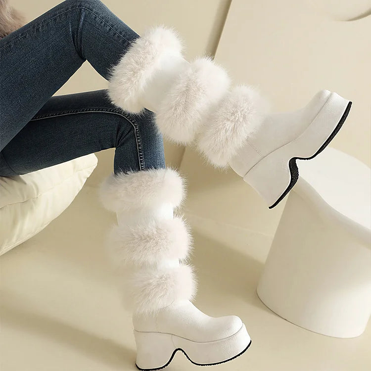 Colorblock Fluffy Trim Round Toe Chunky Heel Platform Mid Calf Boots