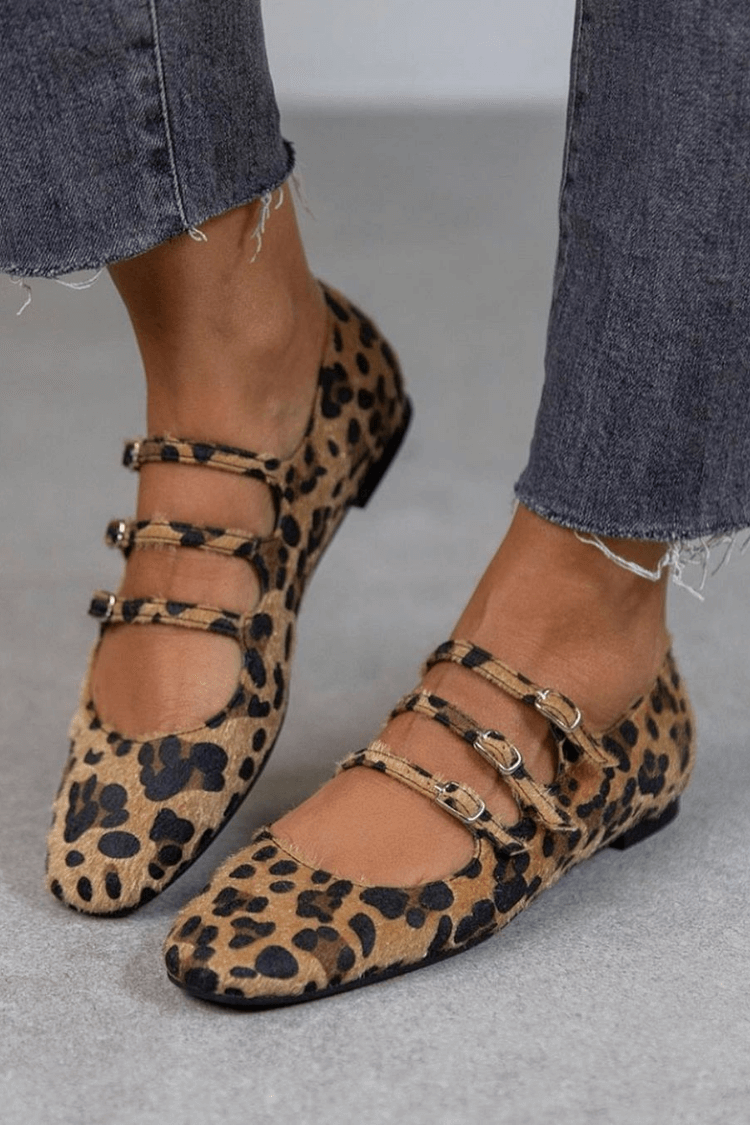 Leopard Print Triple Buckle Mary Jane Flats