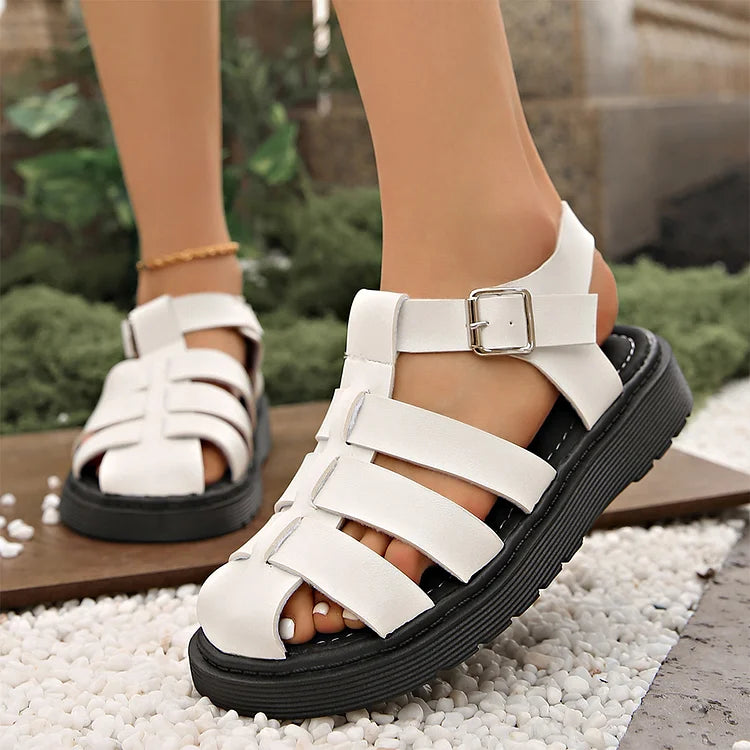 Woven Solid Color Hollow Out T-Strap Buckle Round Toe Sandals