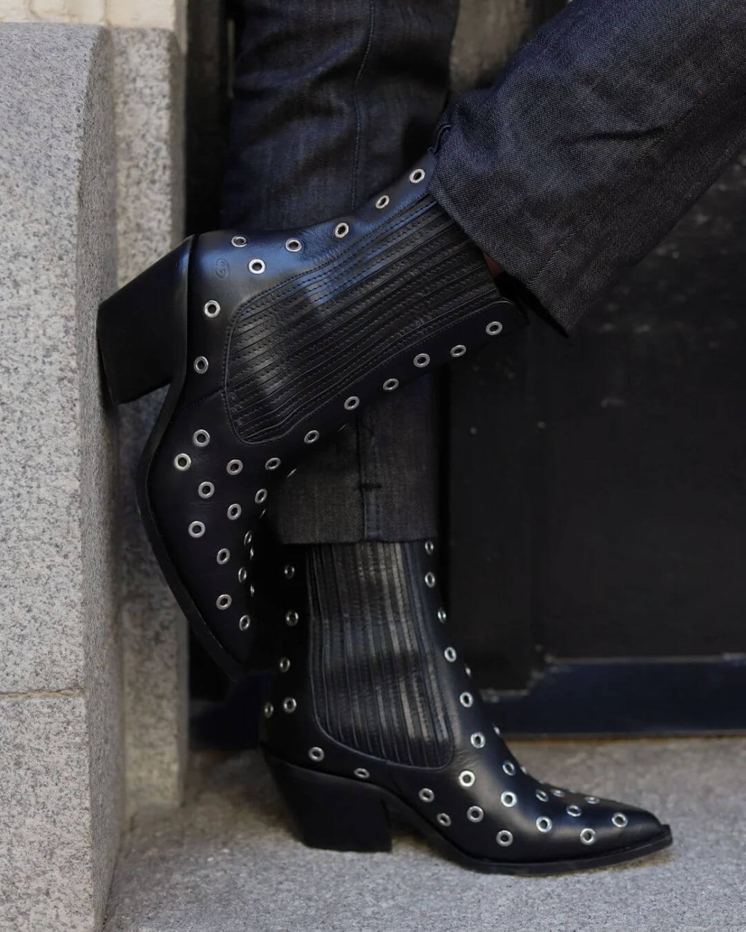 Stivali neri con punta a punta e tacco a blocco laterale elastico [Pre-ordine] 