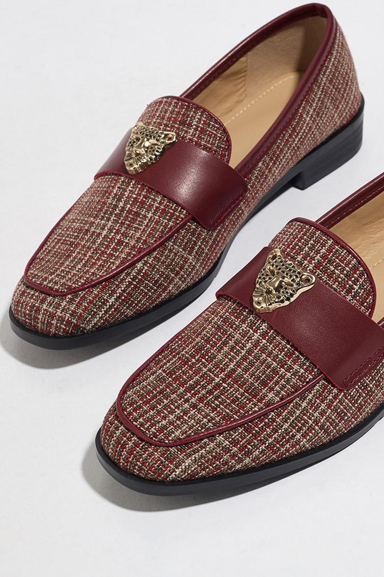 Metall Leopard Kopf Dekor Patchwork Quadratische Zehe Freizeit Slipper