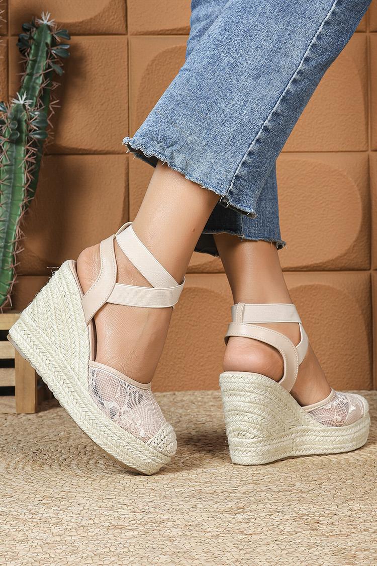 Sandali casual con zeppa, punta rotonda, cinturino incrociato e patchwork in pizzo 