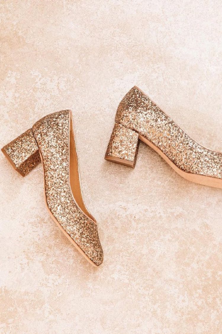 Eleganti scarpe con tacco a blocco e punta rotonda in glitter color oro champagne [Pre-ordine]