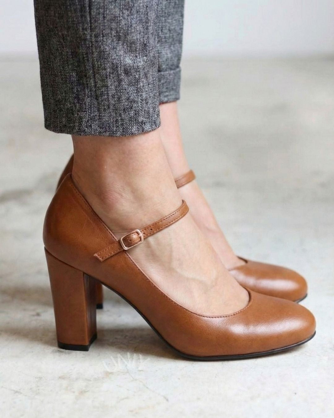 Brown Ankle Strap Round Toe Block Heel Pumps