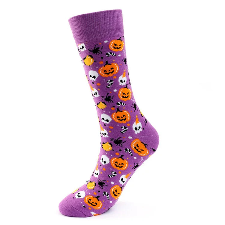 Calcetines de media pantorrilla con estampado de dibujos animados de araña, calavera y calabaza de fantasmas para Halloween 