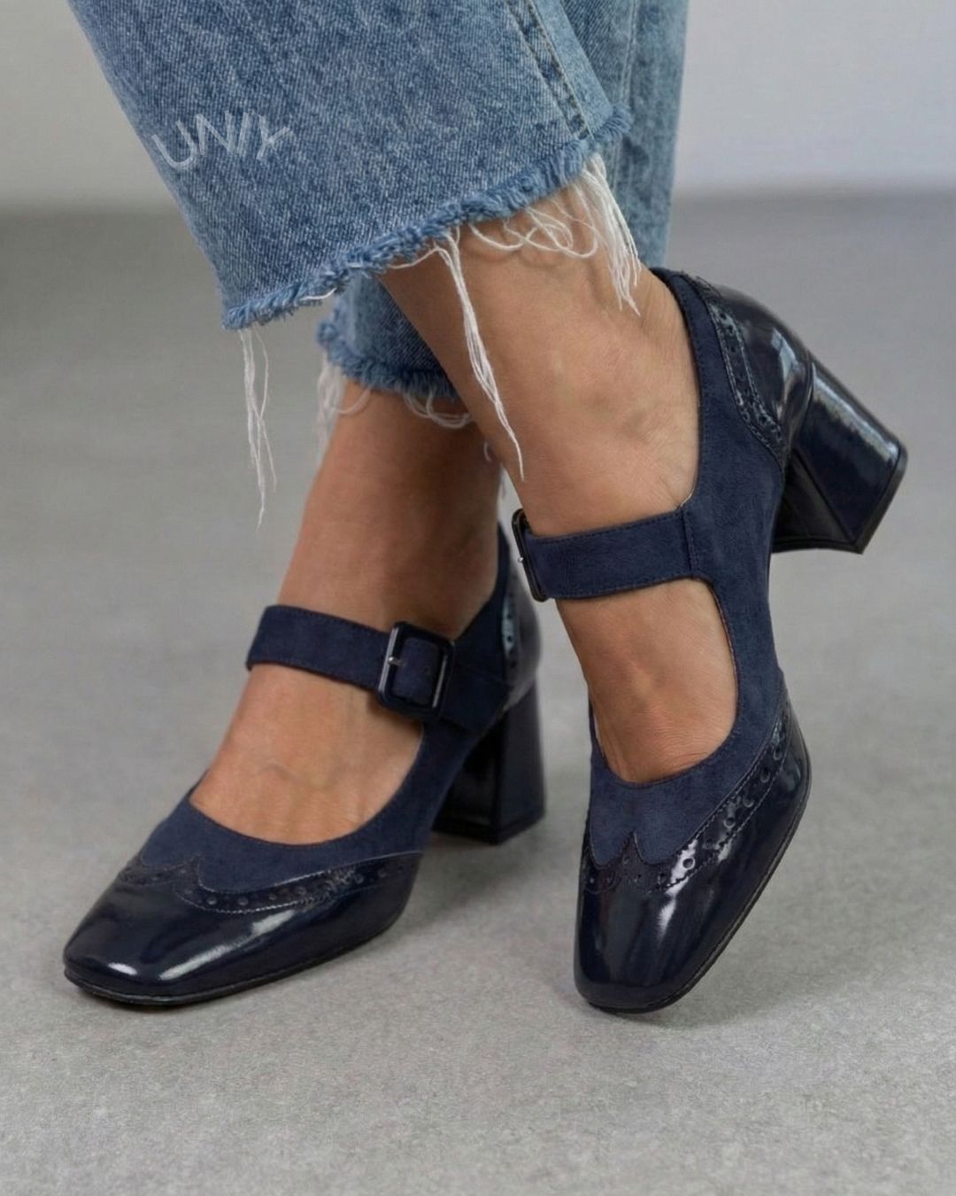 Elegant Navy Patent Leather Brogue Mary Jane Block Heels