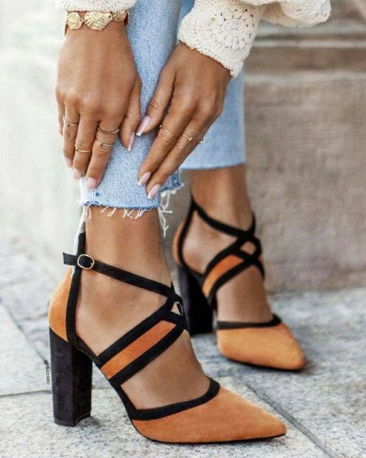 Vintage spitze Zehen, gekreuzte Riemen, Cutout, Colorblock, Blockabsätze [Vorbestellung]