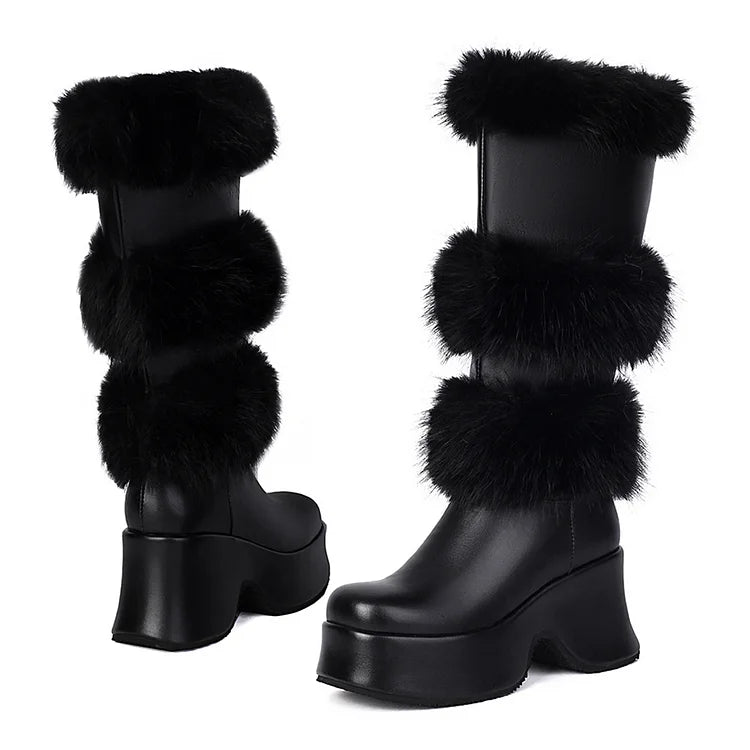 Solid Color Fluffy Trim Round Toe Chunky Heel Platform Mid Calf Boots