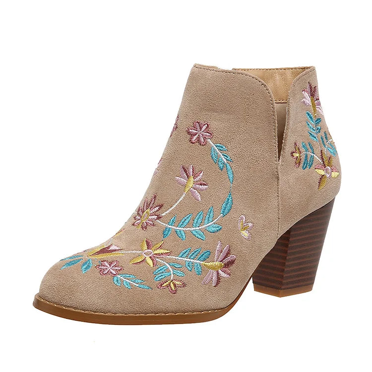 Floral Leaf Embroidery Round Toe Zipper Chunky Heel Ankle Boots