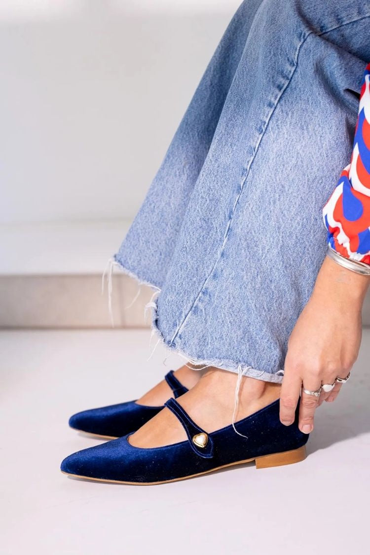 Blauwe puntige fluwelen elegante veelzijdige platte schoenen met metalen gesp [Pre-order]