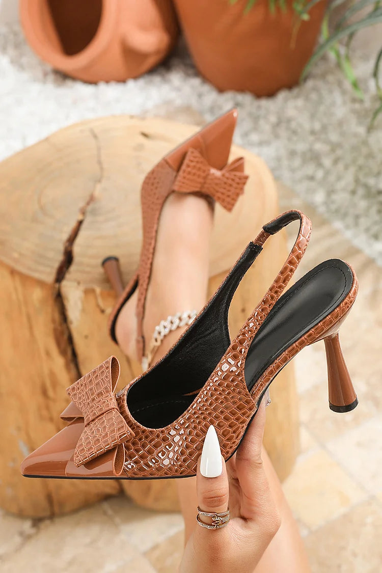 Crocodile Print Bow Decor Pointed Toe Slingback Stiletto Heels