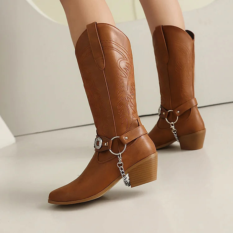 Embroidery O-Ring Chain Decor Pointed Toe Chunky Heel Mid Calf Boots