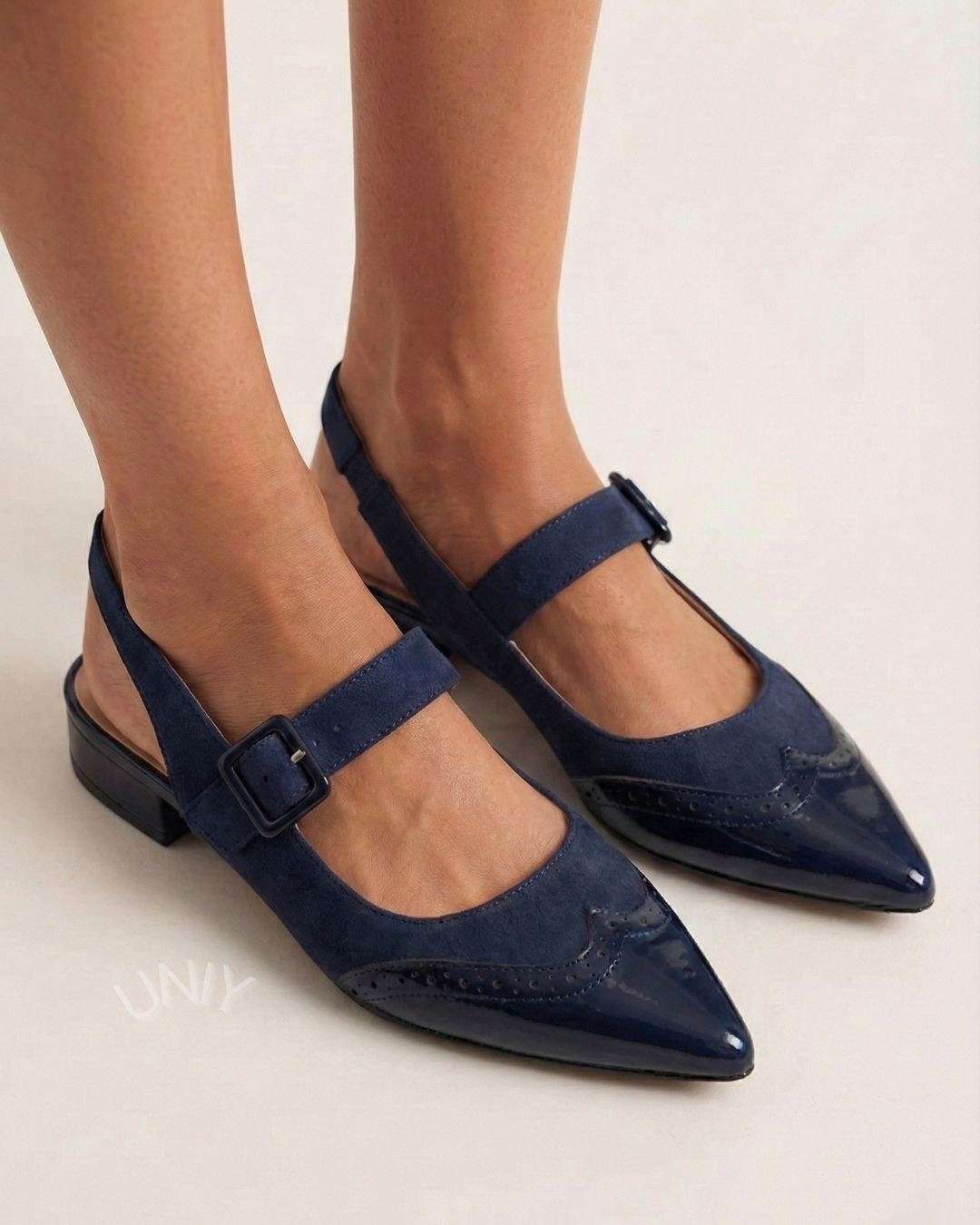 Navy Color Block Pointed Toe Slingback Strap Low Heels