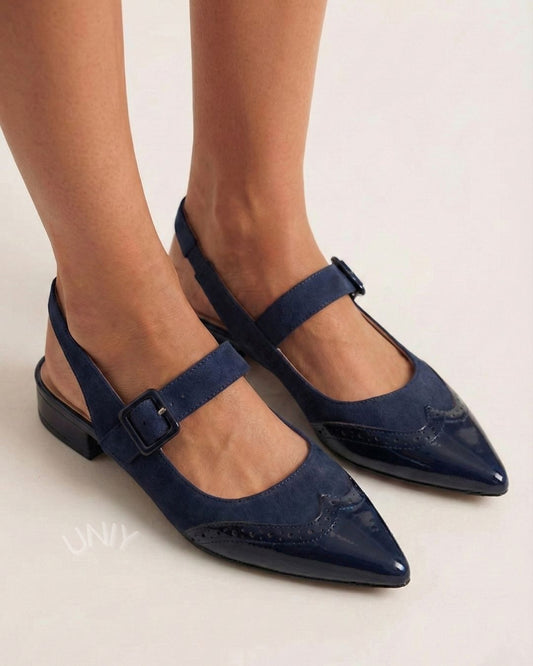 Navy Color Block Pointed Toe Slingback Strap Low Heels