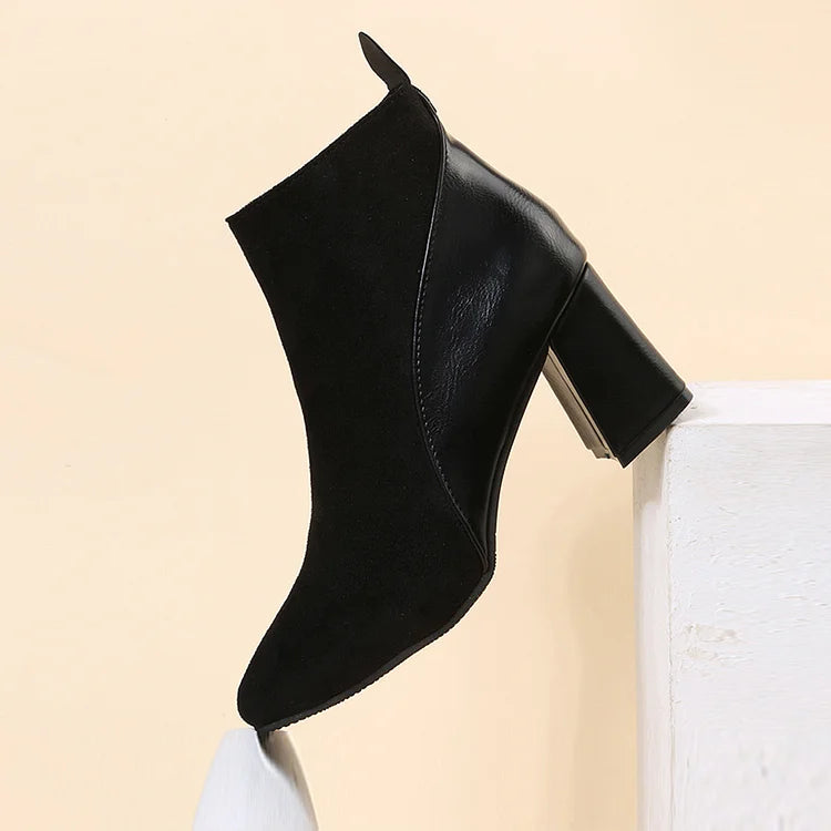 Patchwork Pointed Toe Chunky Heel Zipper Ankle Boots