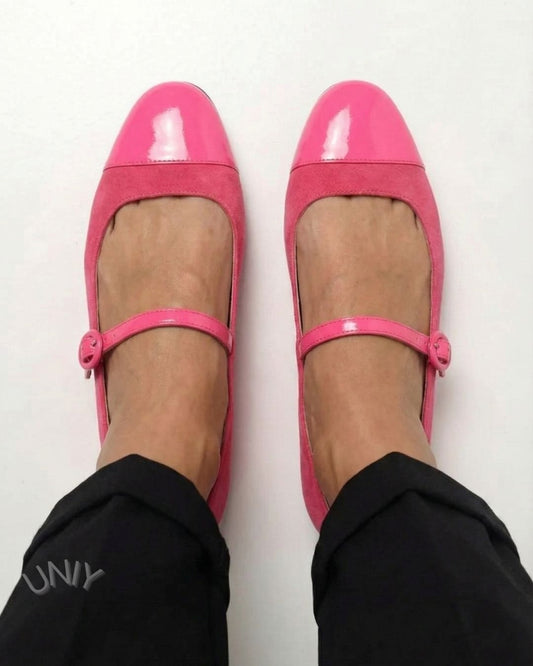 Ballerine casual color block color magenta con punta tonda e cinturino alla caviglia [Pre-ordine] 
